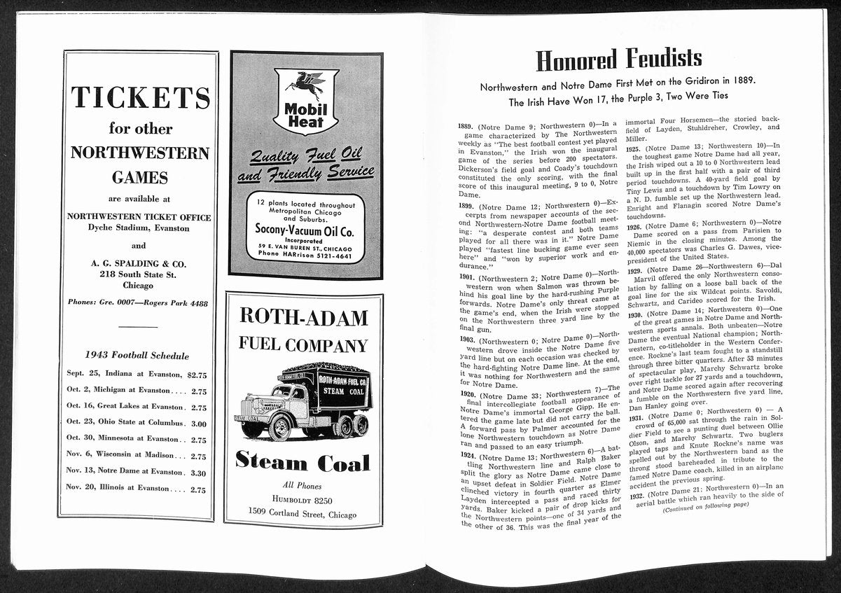 1943 Northwestern vs Notre Dame Vintage College Football Program 196434