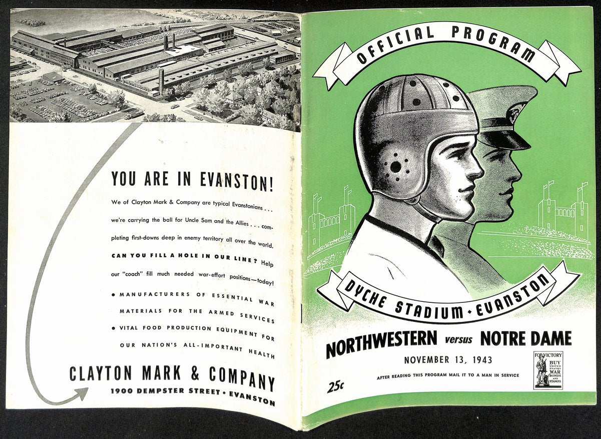 1943 Northwestern vs Notre Dame Vintage College Football Program 196434