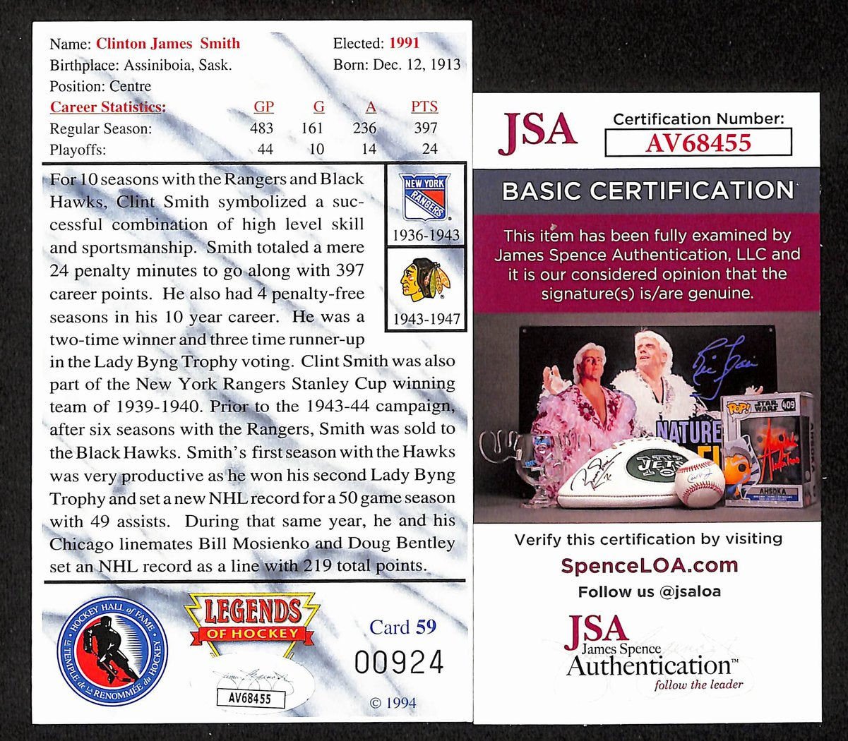 Clint Smith HOF Signed/Auto 1994 Legends of Hockey Card #89 Chicago JSA 197069