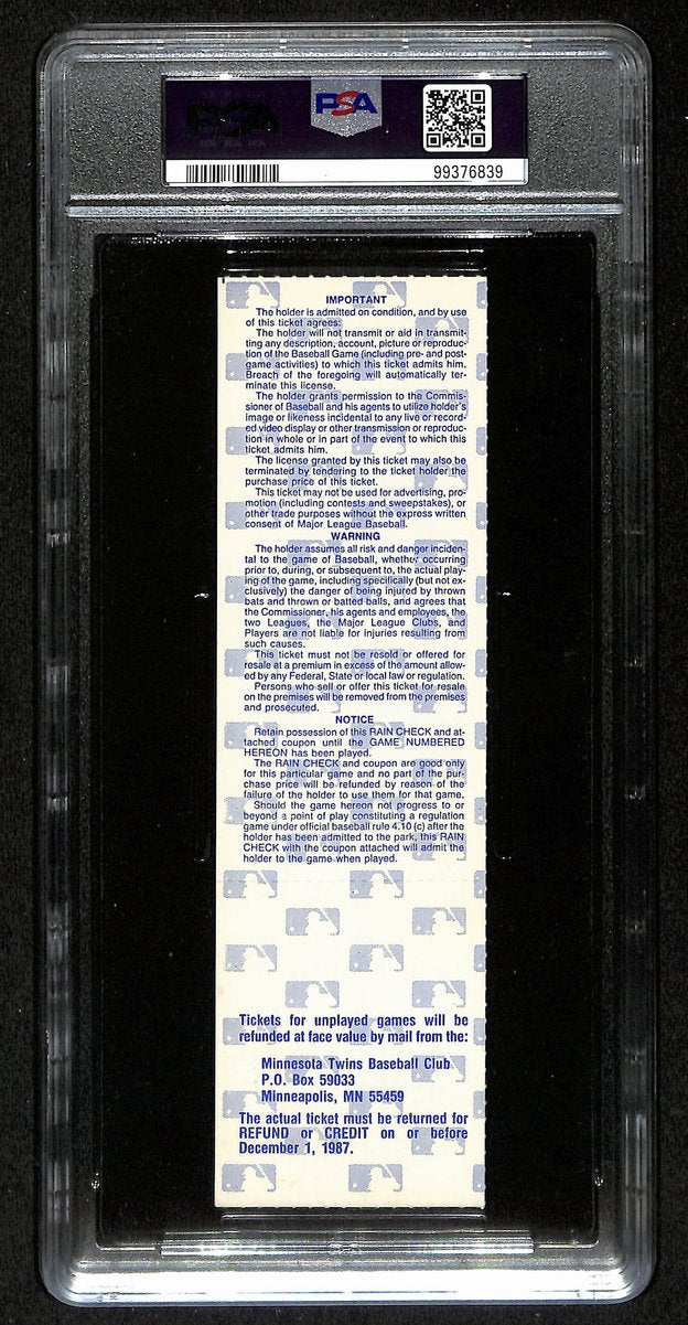 1987 World Series Game 7 Cardinals vs. Twins Full Ticket PSA/DNA NM-MT 8 197218