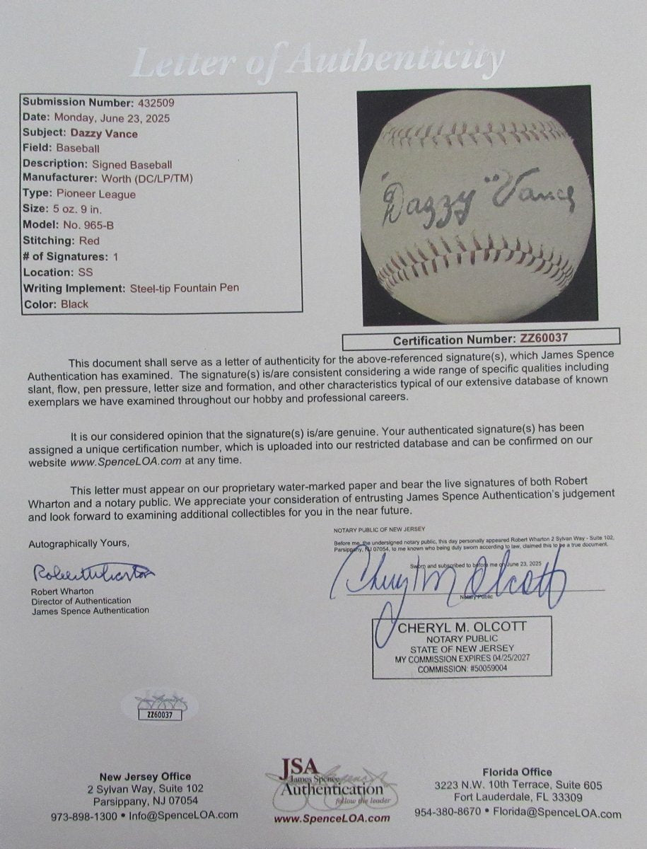 Dazzy Vance HOF Signed/Auto Pioneer League Baseball Brooklyn Dodgers JSA 196739
