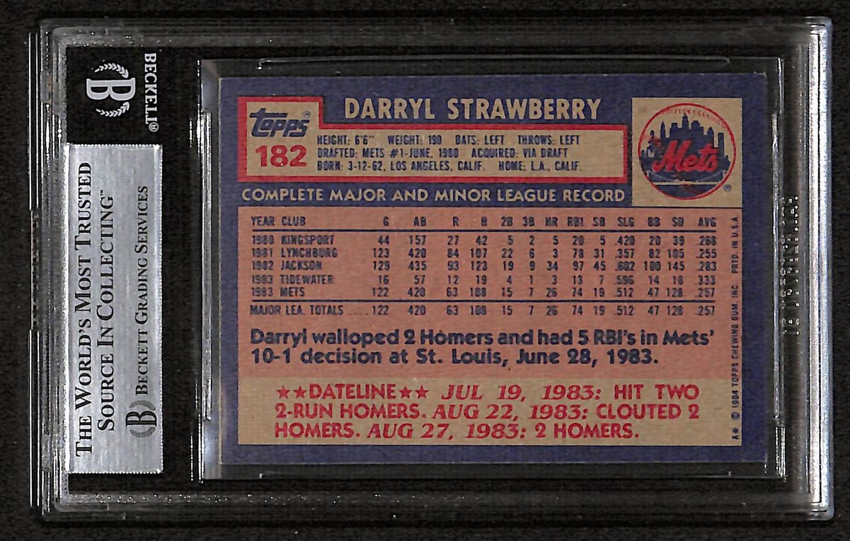 Darryl Strawberry Signed/Auto 1984 Topps RC Card #182 Mets BAS/Beckett 197122