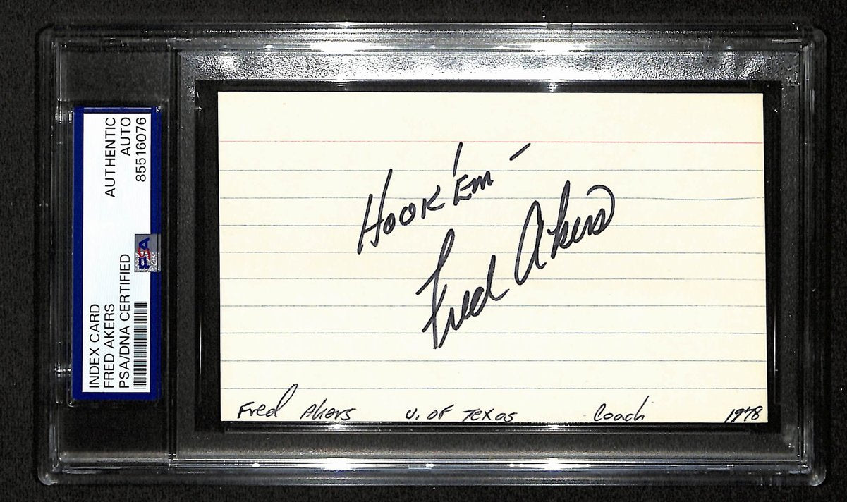 Fred Akers Texas Longhorns Hook' Em Signed 3x5 Index Card PSA/DNA 196938
