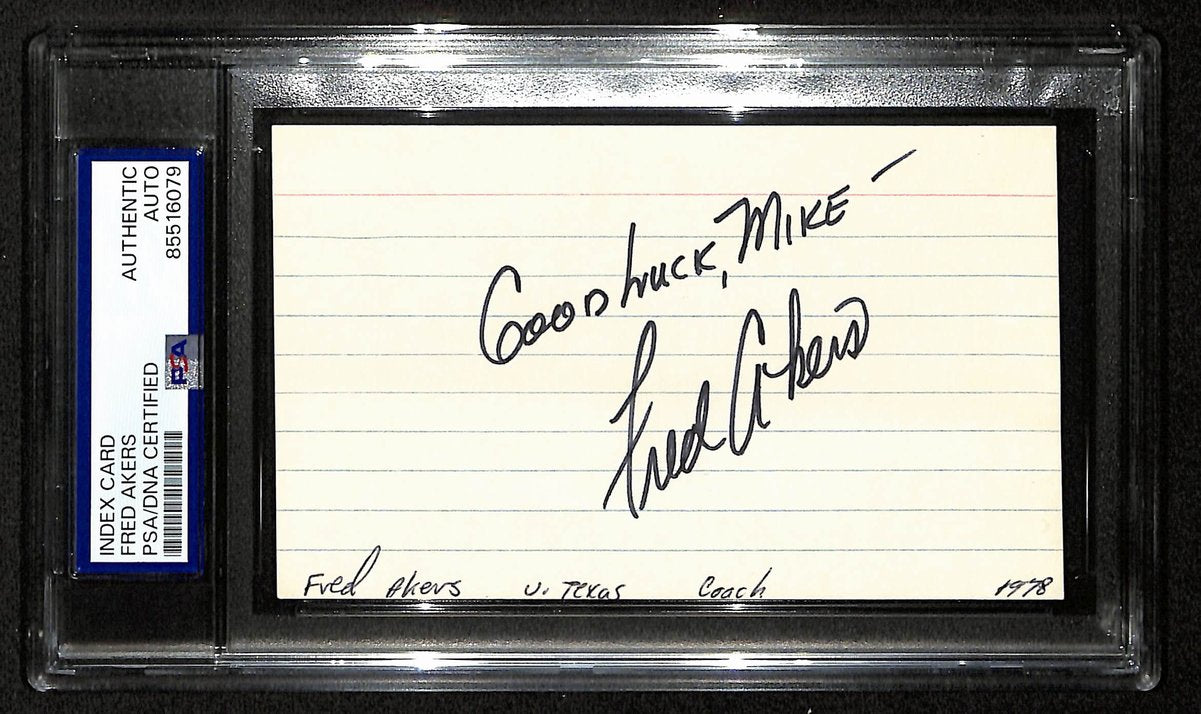 Fred Akers Texas Longhorns Coach Signed 3x5 Index Card PSA/DNA 196940