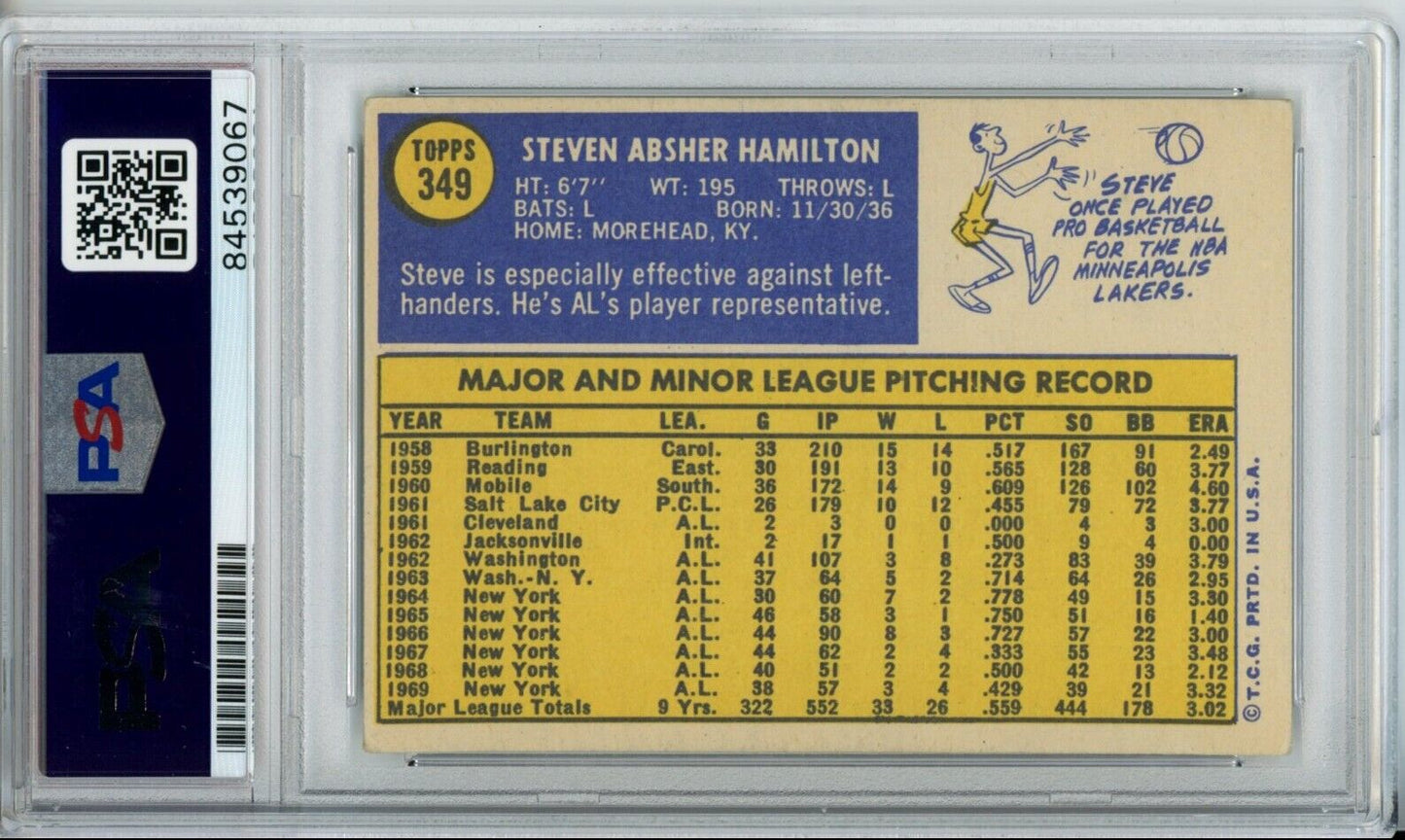 Steve Hamilton Yankees Signed/Autographed 1970 TOPPS Card #349 PSA/DNA 166886