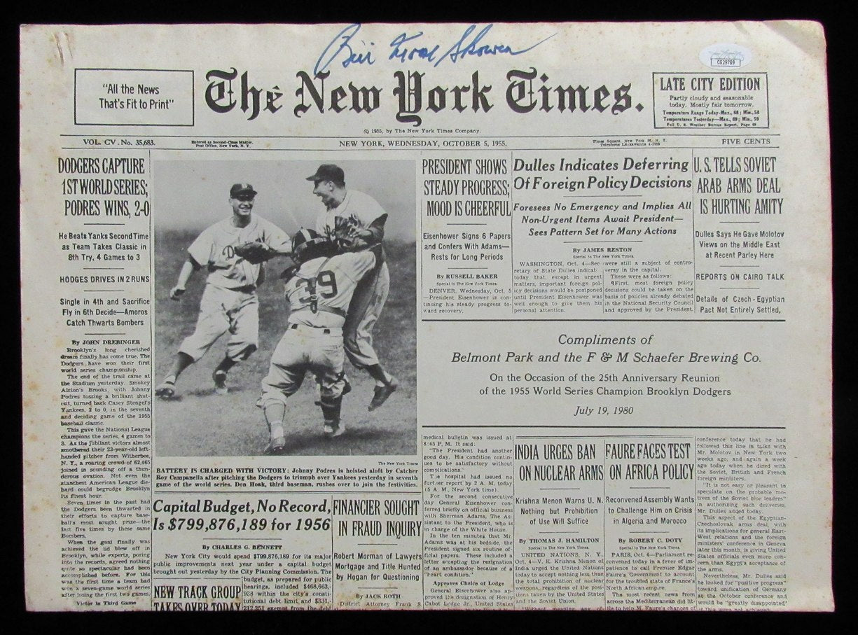 Bill Moose Skowron Signed/Auto 1955 New York Times Newspaper Yankees JSA 197570