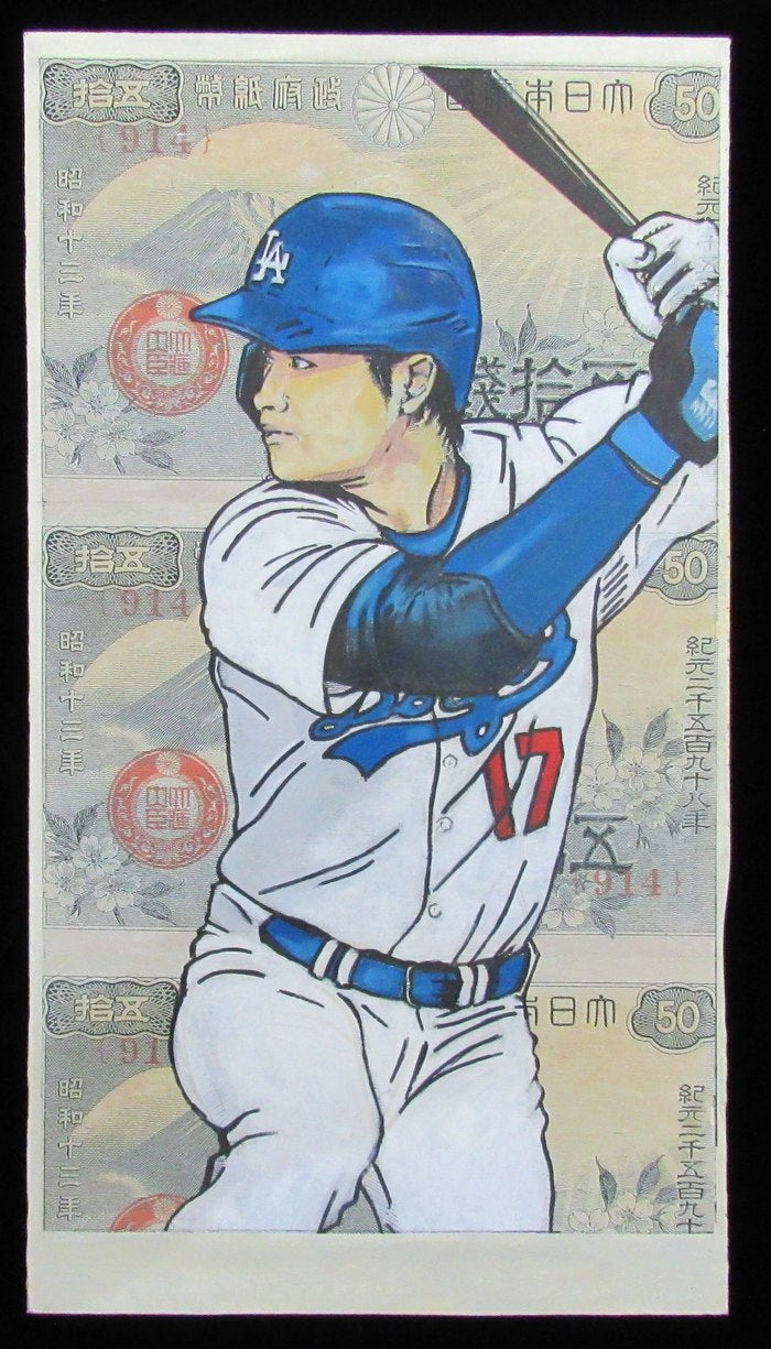 Shohei Ohtani 17x26 Mounted Original Mixed Media Painting LA Dodgers 198161