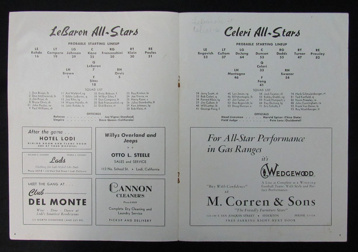 1950 Le Baron vs. Celeri All-Stars Lodi Grape Bowl Football Game Program 198168