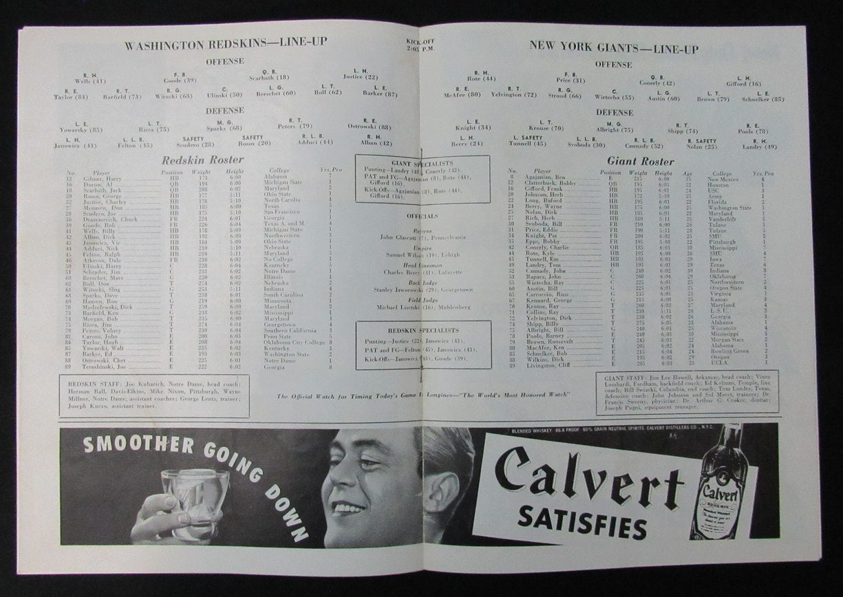 1954 Giants vs. Redskins NFL Football Game Program at Polo Grounds 198181