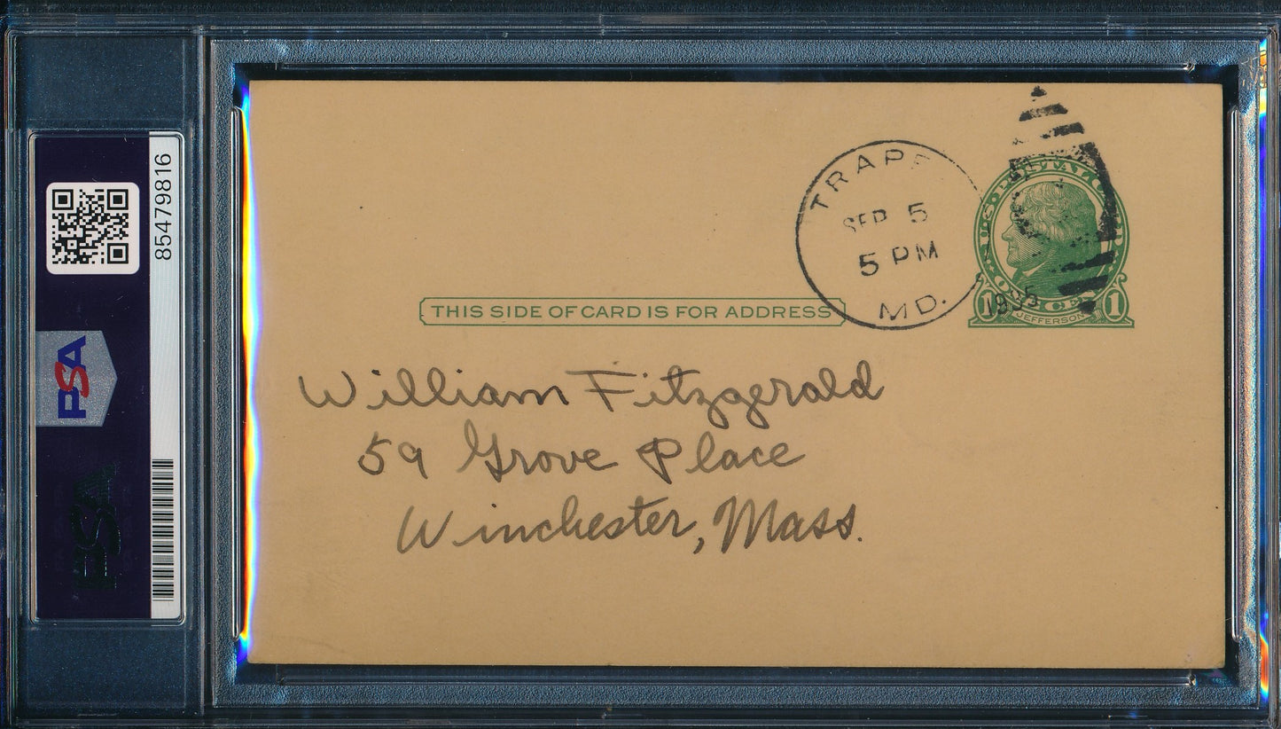 John Home Run Baker HOF Signed 1935 Government Postcard (PSA/DNA NM-MT 8) 198666