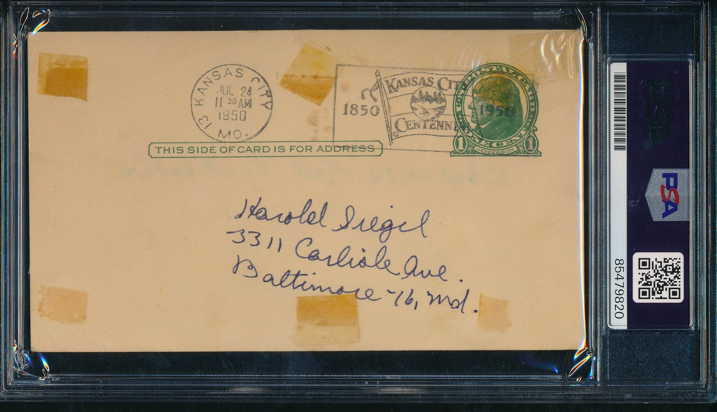 Kid Nichols HOF Signed/Inscribed 1950 Government Postcard (PSA/DNA NM 7) 198667