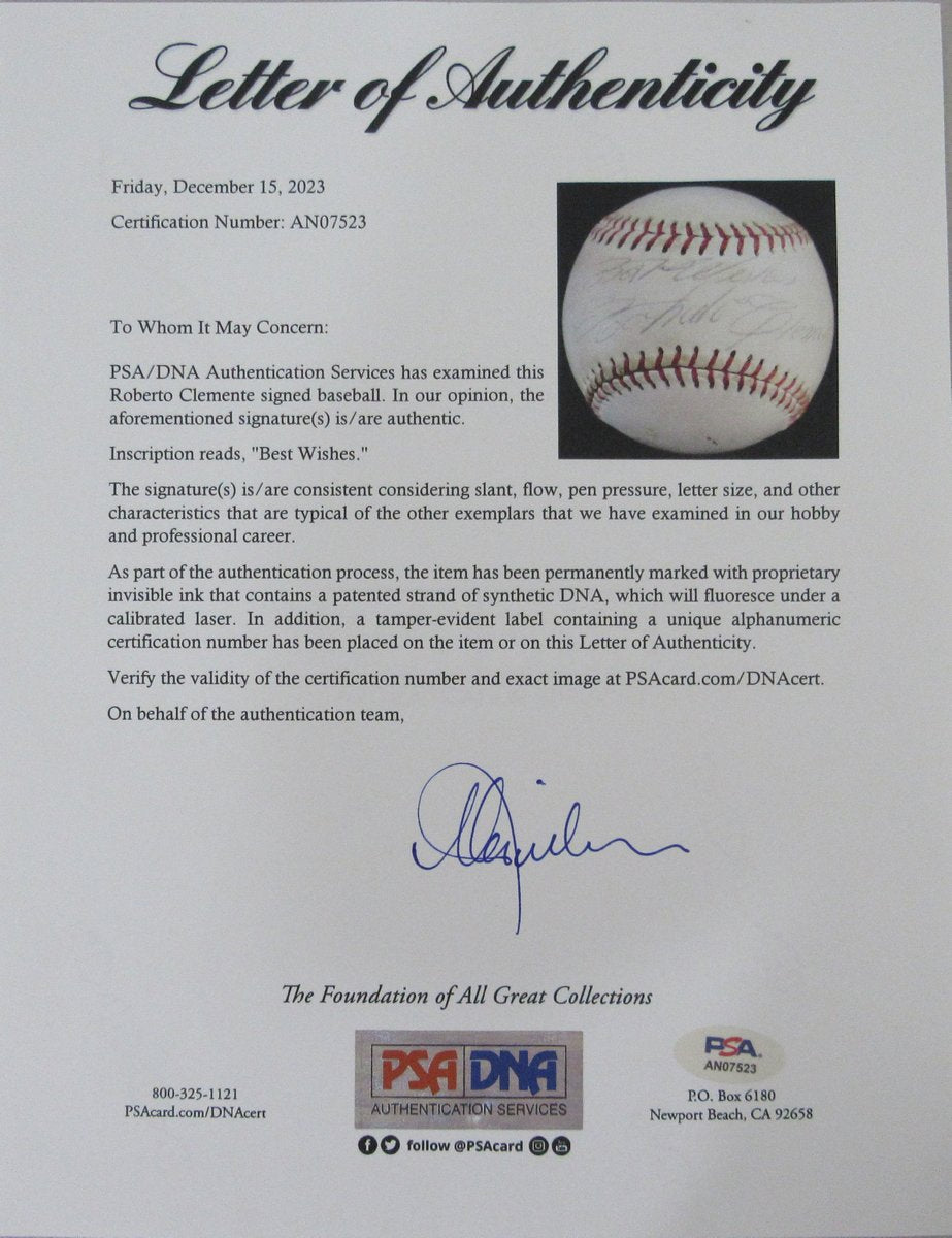 Roberto Clemente HOF Signed/Auto Official Wilson Baseball PSA/DNA 198668