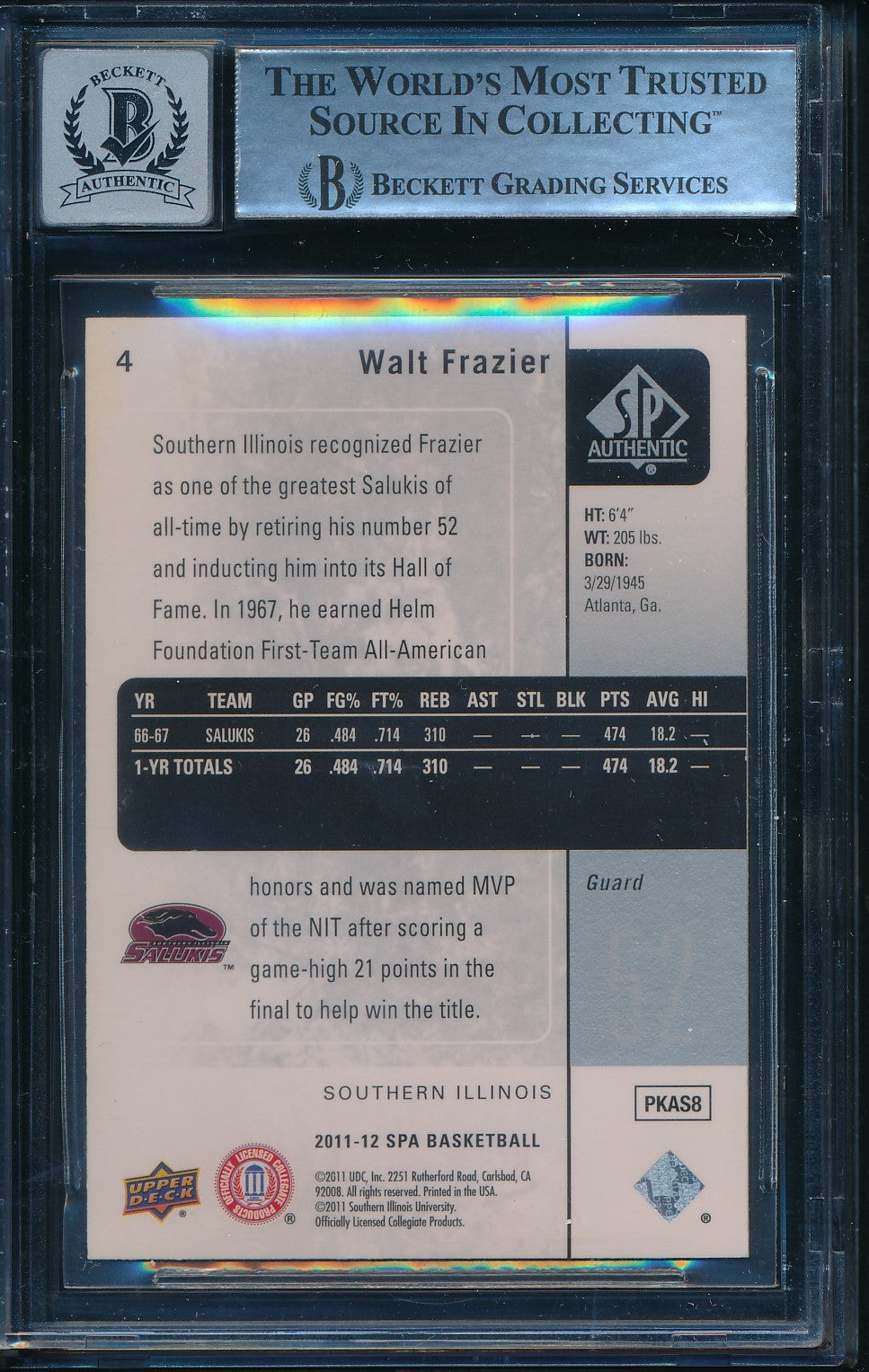 Walt Frazier HOF Signed/Auto 2011-12 Upper Deck SP Authentic Card #4 BAS 198674