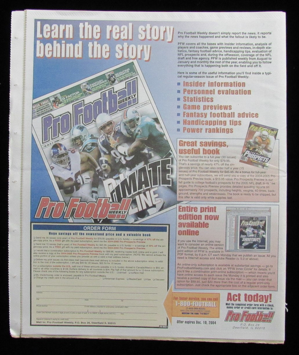 December 6, 2004 Pro Football Weekly Newspaper Peyton Manning on Cover 198250