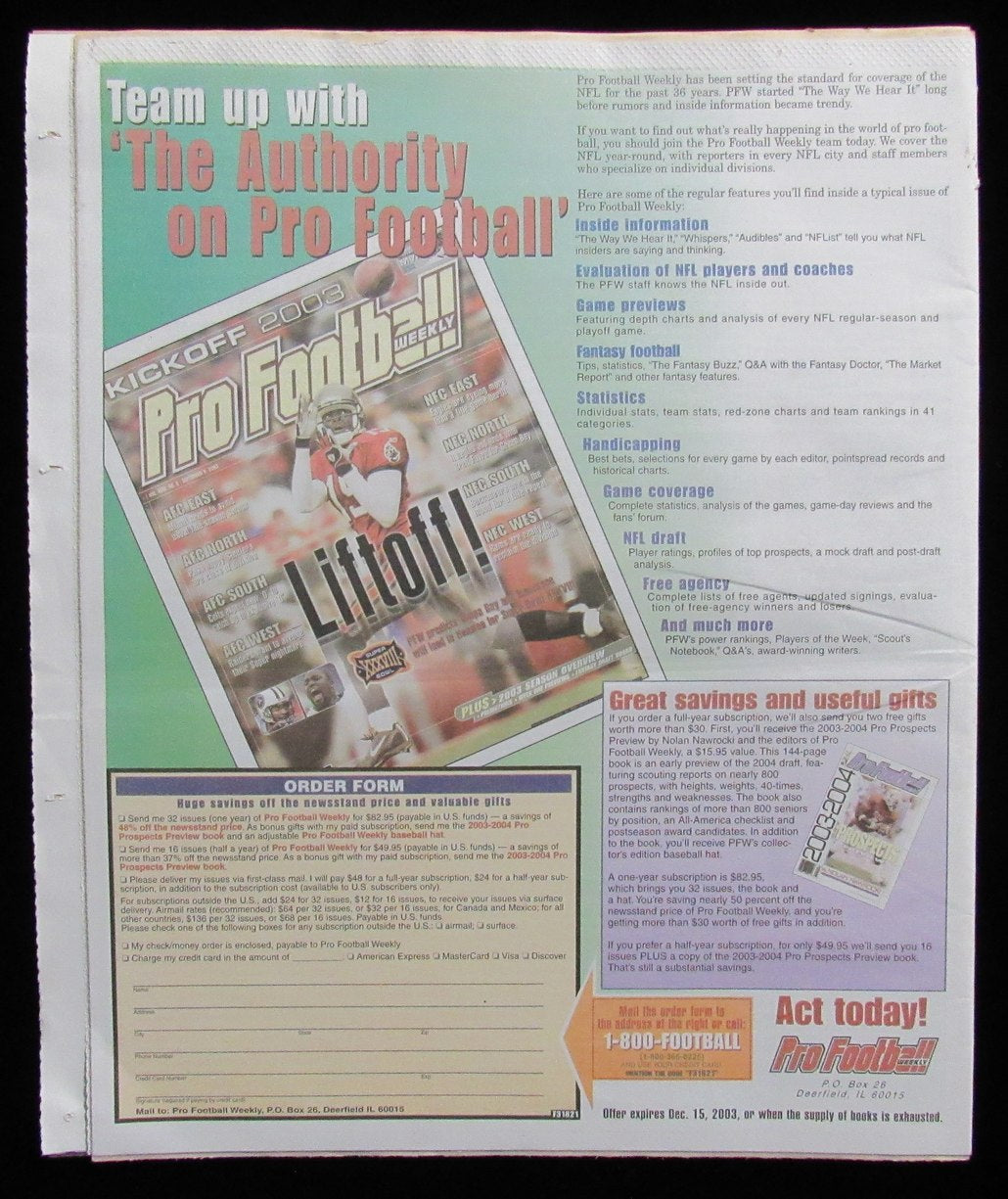 December 8, 2003 Pro Football Weekly Newspaper Peyton Manning on Cover 198247