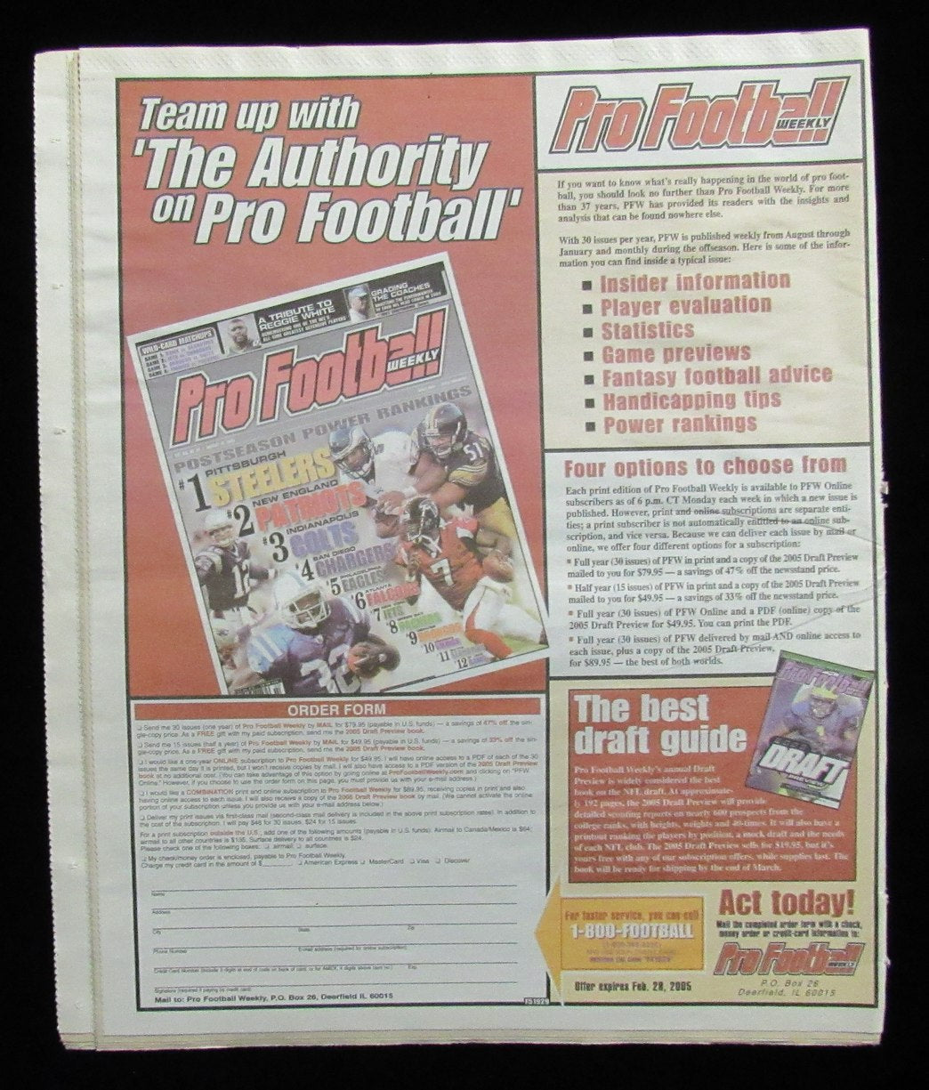 February 9, 2005 Pro Football Weekly Newspaper Tom Brady Donovan McNabb 198239
