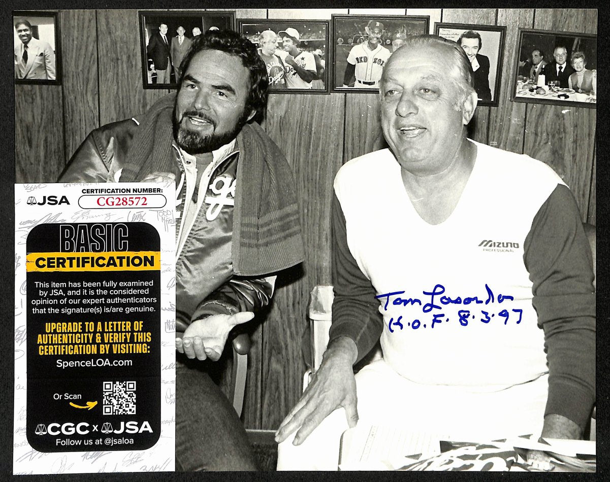 Tom Lasorda HOF Dodgers Signed/Inscr 8x10 B/W Photo w/ Burt Reynolds JSA 197978
