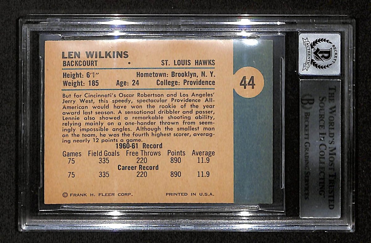 Len Wilkins HOF Signed/Inscr 1961-62 Fleer RC Card #44 BAS/Beckett GEM MINT 10