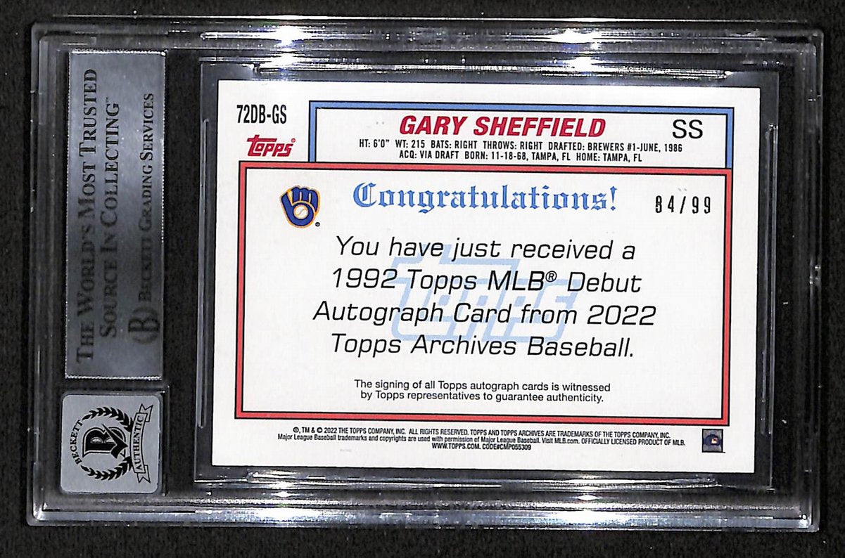Gary Sheffield Signed/Auto On Card 1992 TOPPS Card #72DB-GS BAS GEM MINT-10