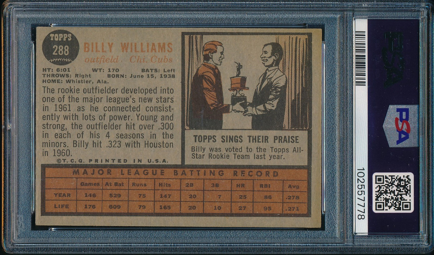 Billy Williams HOF Signed On Card 1962 TOPPS Card #288 PSA/DNA VG+ 3.5 198346