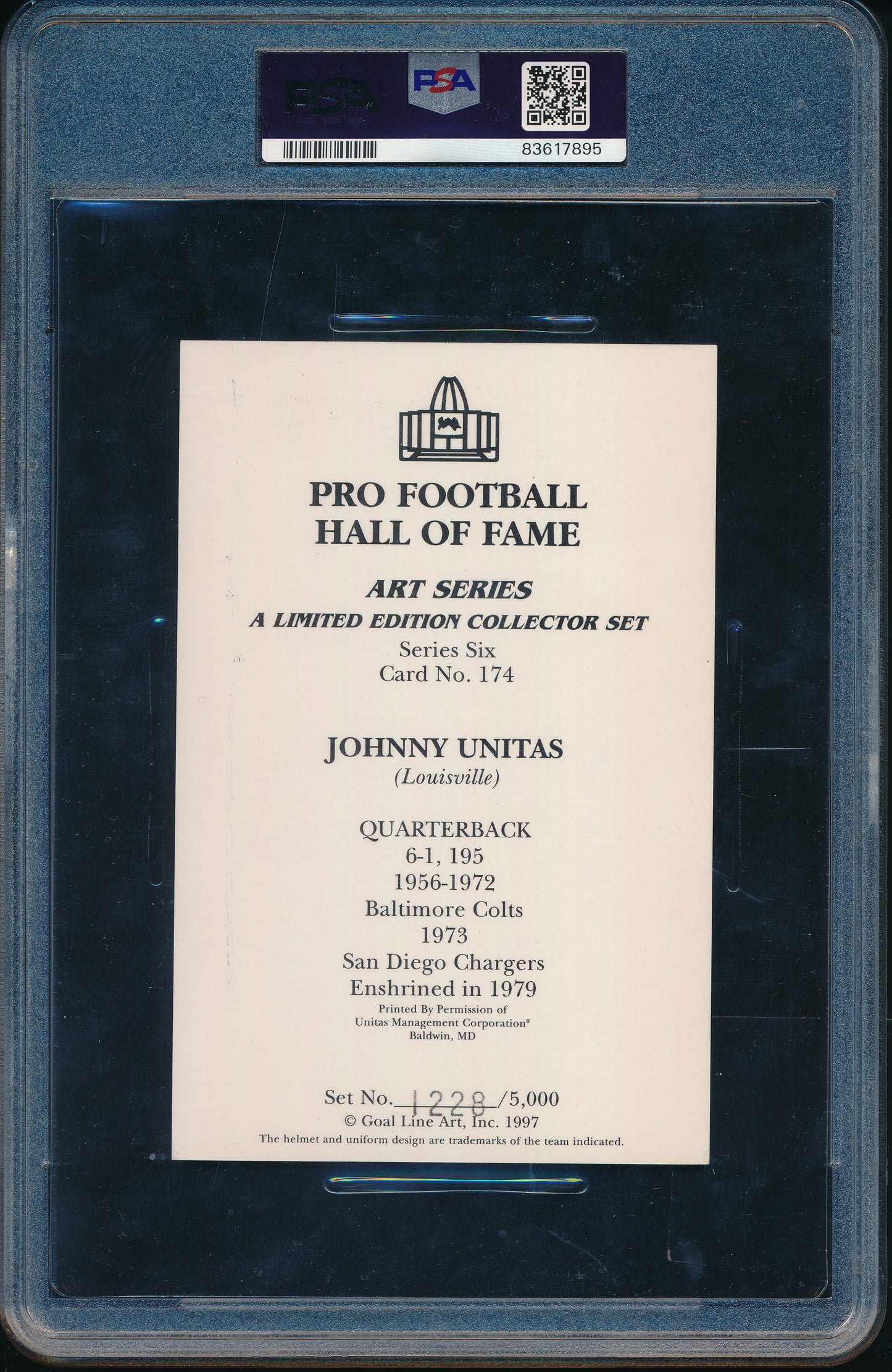 Johnny Unitas HOF Signed 1997 Goal Line Art GLAC Postcard Colt PSA/DNA GEM MT 10