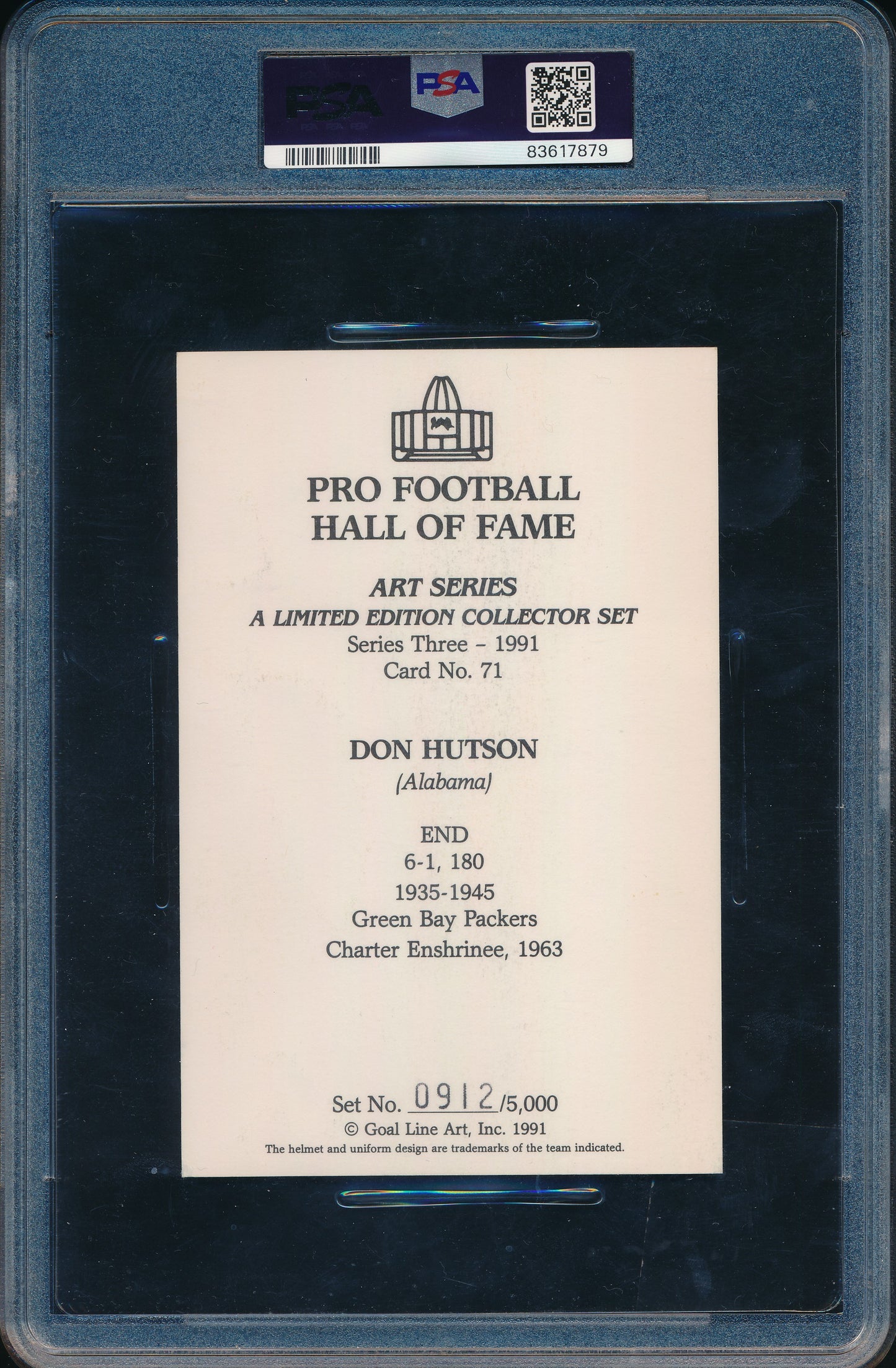 Don Hutson HOF Signed/Auto 1991 Goal Line Art GLAC Postcard PSA/DNA EX 5 198349
