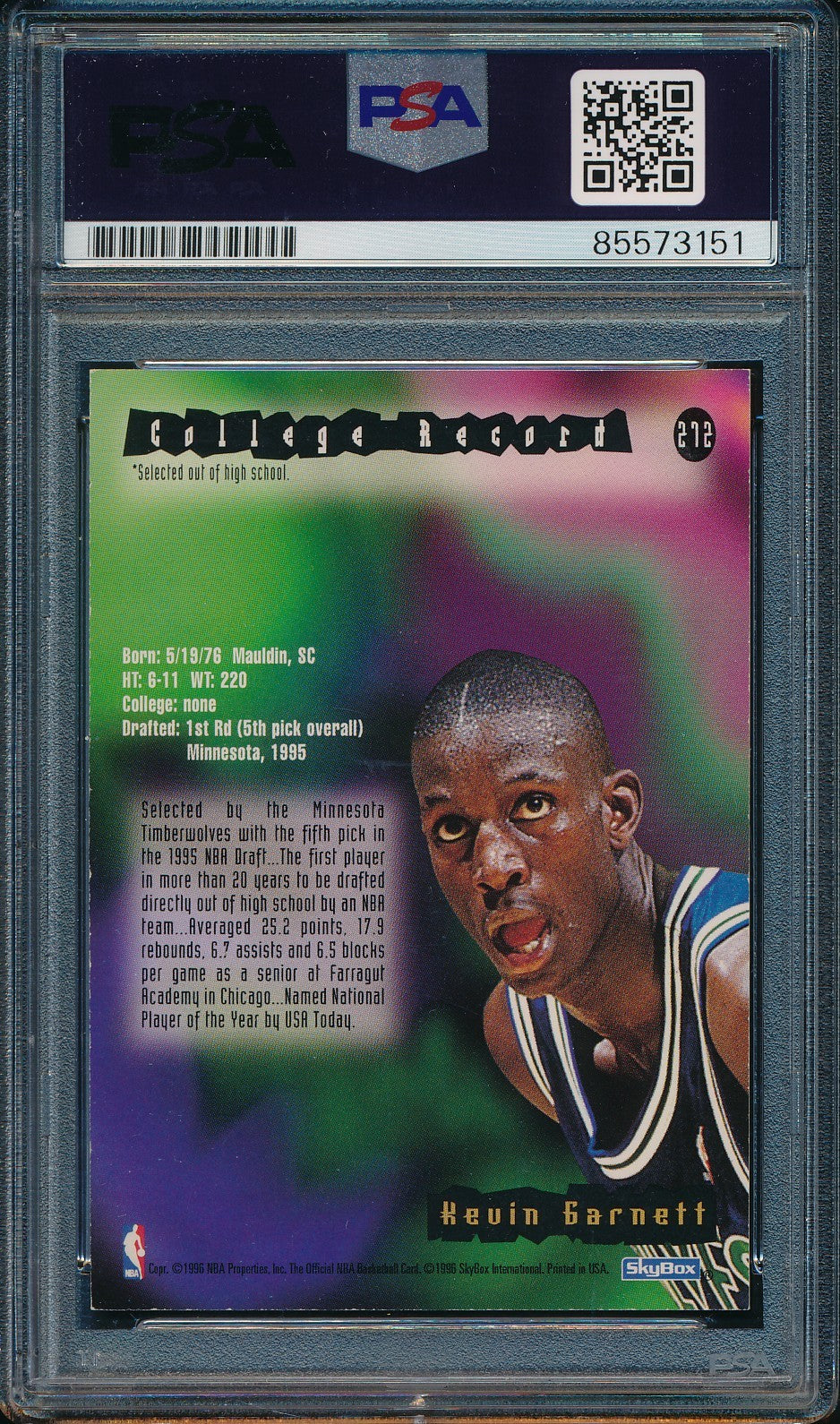 Kevin Garnett HOF Signed On Card 1995-96 NBA Hoops RC Card #272 PSA/DNA 198485