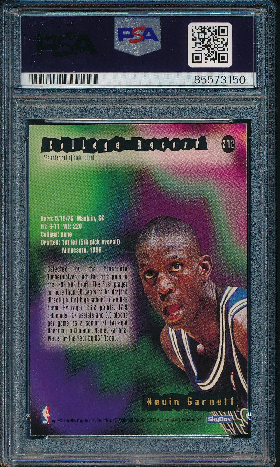 Kevin Garnett HOF Signed On Card 1995-96 NBA Hoops RC Card #272 PSA/DNA 198486