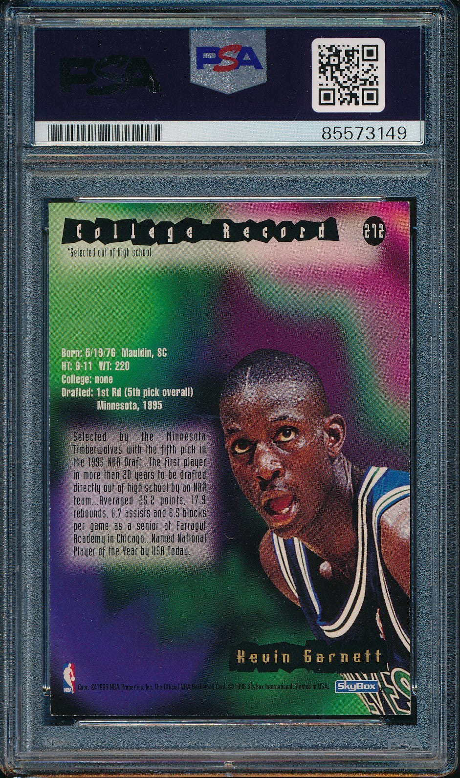 Kevin Garnett HOF Signed On Card 1995-96 NBA Hoops RC Card #272 PSA/DNA 198487