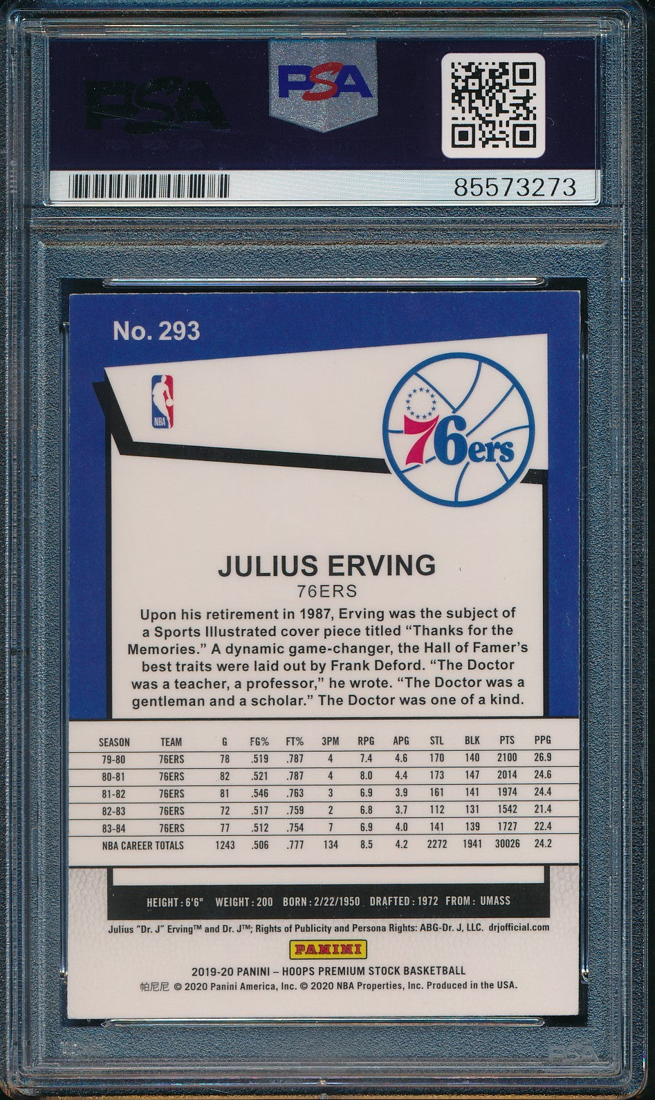 Julius Erving HOF Signed On Card 2019-20 Panini Card #293 76ers PSA/DNA 198489