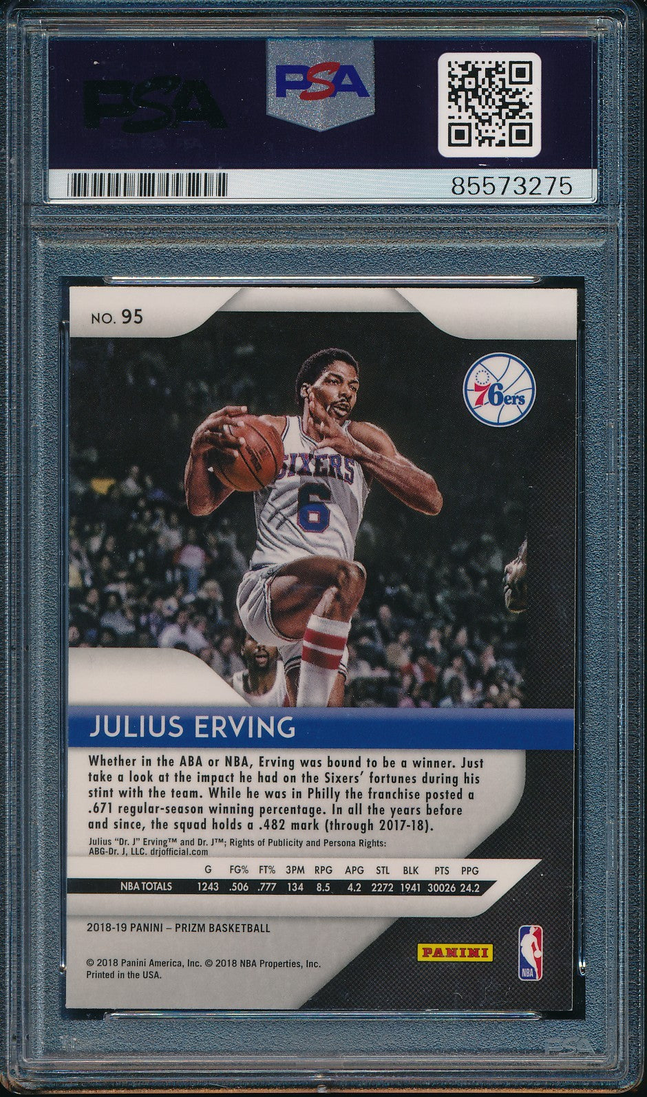 Julius Erving HOF Signed On Card 2018-19 Panini Card #95 76ers PSA/DNA 198490