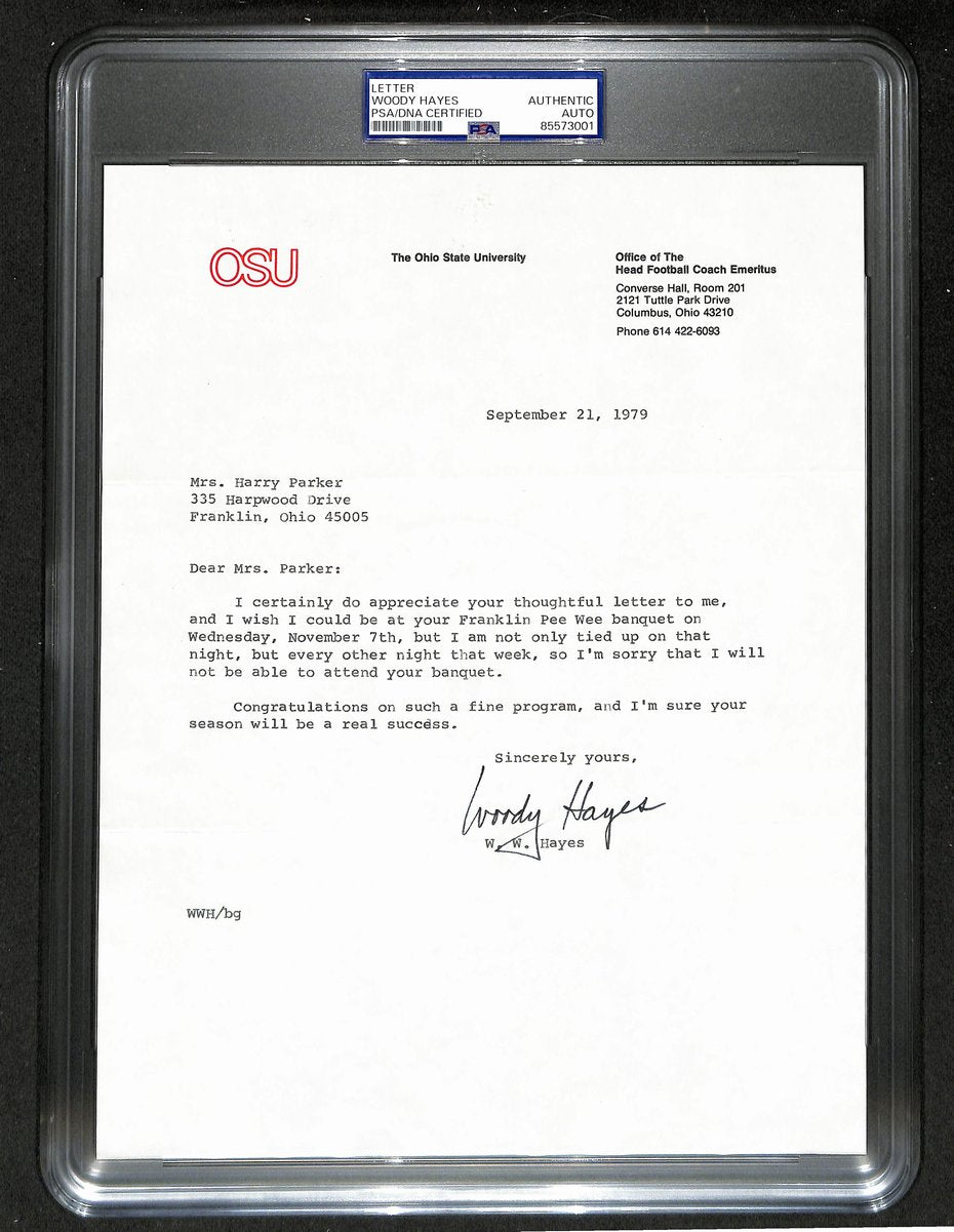 Woody Hayes Signed/Auto 9x11 1979 TLS Letter Ohio State Univ PSA/DNA 198790