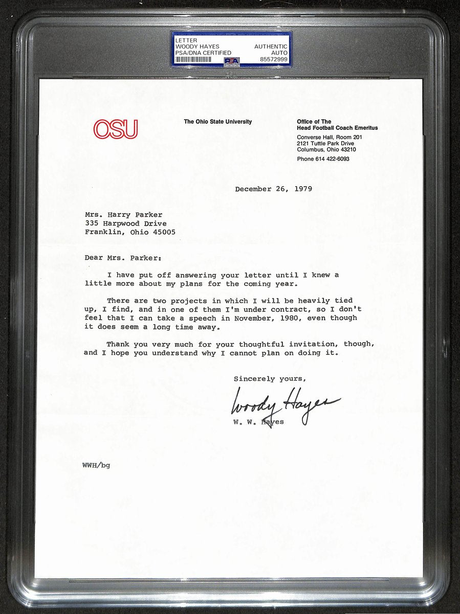 Woody Hayes Signed/Auto 9x11 1979 TLS Letter Ohio State Univ PSA/DNA 198791