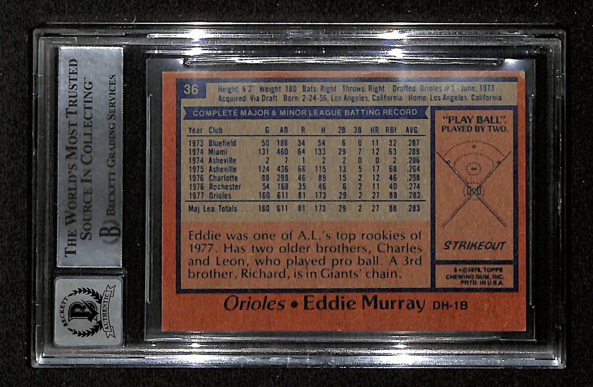Eddie Murray HOF Signed/Inscr On Card 1978 TOPPS RC Card #36 BAS/Beckett Auto 10