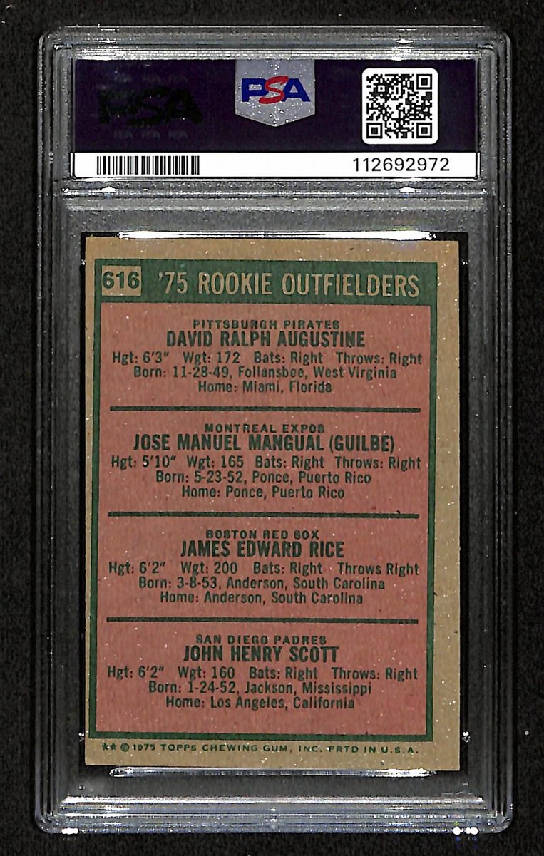 Jim Rice HOF Signed On Card 1975 TOPPS Outfielders RC Card #616 PSA/DNA Auto 9