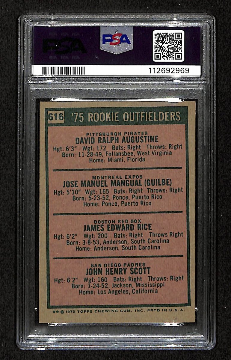 Jim Rice HOF Signed On Card 1975 TOPPS Outfielder RC Card #616 PSA/DNA Auto 9