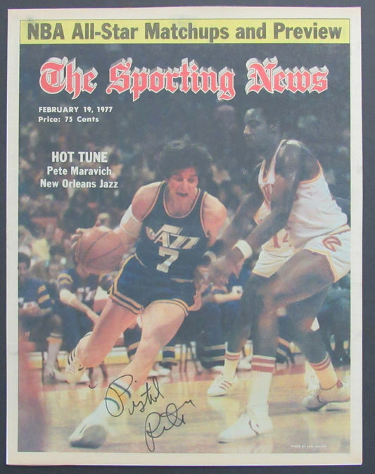 Pistol Pete Maravich HOF Signed/Auto 1977 The Sporting News Newspaper JSA 198503