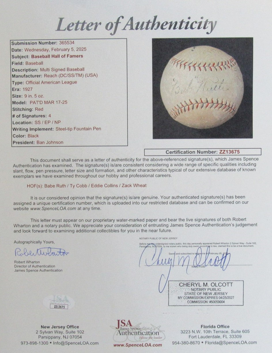Babe Ruth/Eddie Collins/Zack Wheat/Ty Cobb Signed/Auto OAL Baseball JSA 198536
