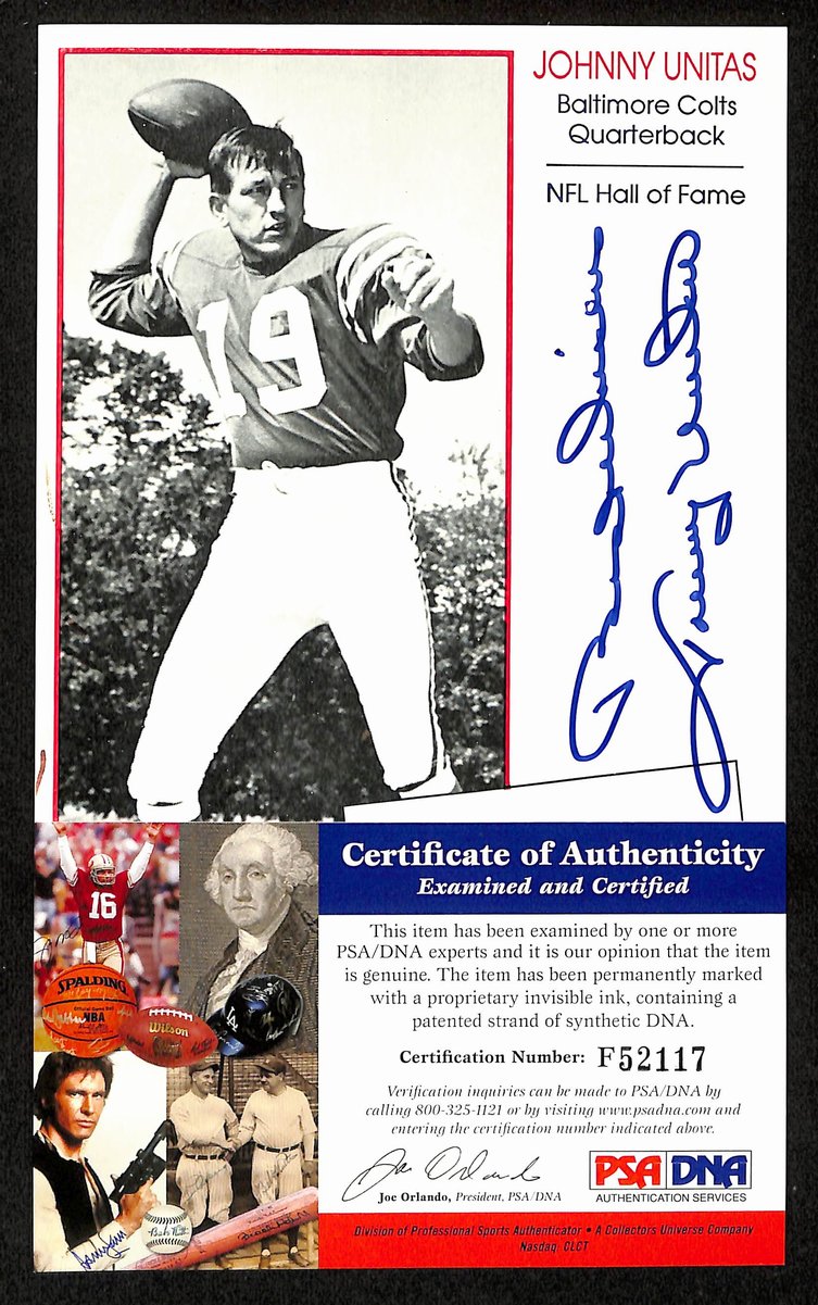 Johnny Unitas HOF Signed/Inscr 5x7 Photo Card Baltimore Colts PSA/DNA 198849