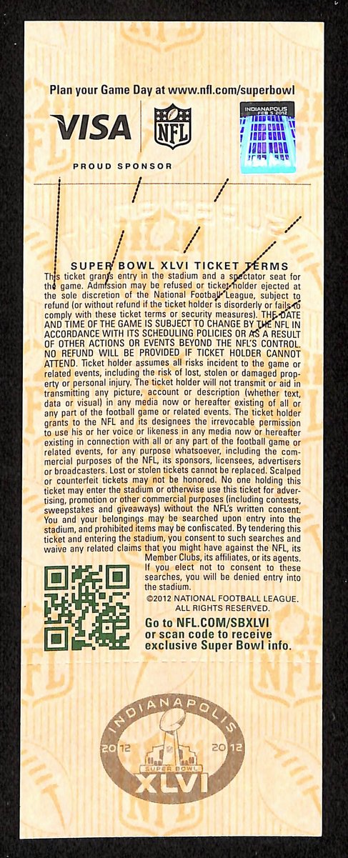 2012 Super Bowl XLVI Full Unused Mint Authentic Ticket Giants vs. Patriots 19883