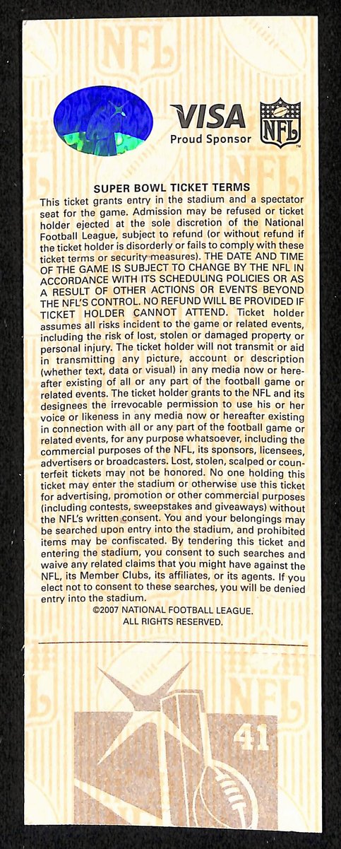 2007 Super Bowl XLI Full Unused Mint Authentic Ticket Colts vs. Bears 198884