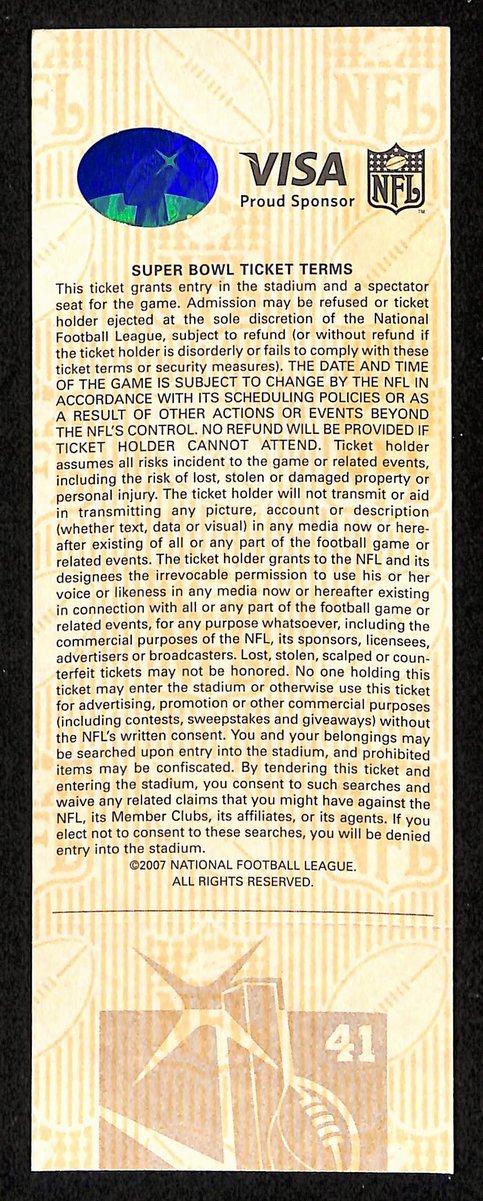 2007 Super Bowl XLI Full Unused Mint Authentic Ticket Colts vs. Bears 198885