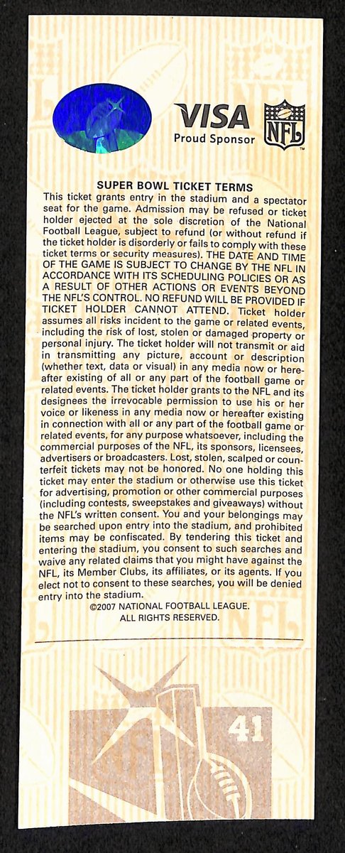 2007 Super Bowl XLI Full Unused Mint Authentic Ticket Colts vs. Bears 198887