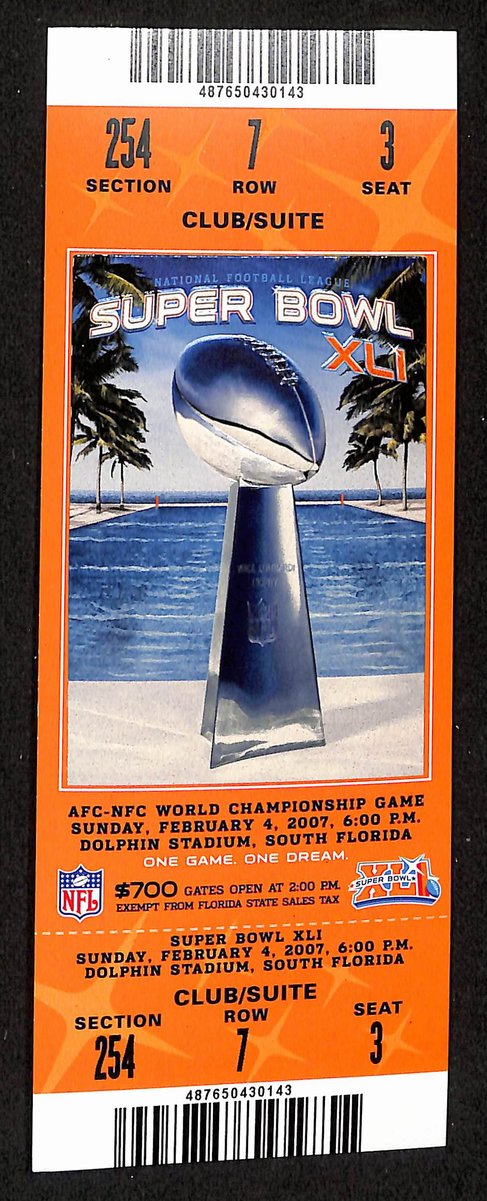 2007 Super Bowl XLI Full Unused Mint Authentic Ticket Colts vs. Bears 198888