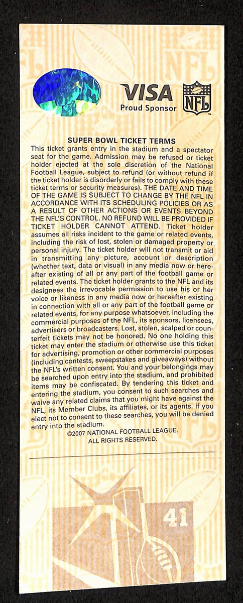 2007 Super Bowl XLI Full Unused Mint Authentic Ticket Colts vs. Bears 198888