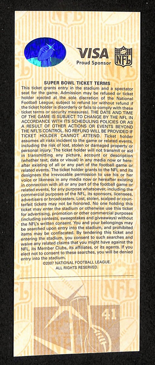 2007 Super Bowl XLI Full Unused Mint Authentic Ticket Colts vs. Bears 198889