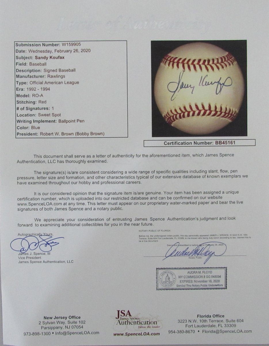 Sandy Koufax HOF Signed/Auto OAL Baseball w/ Stats LA Dodgers JSA LOA 198903