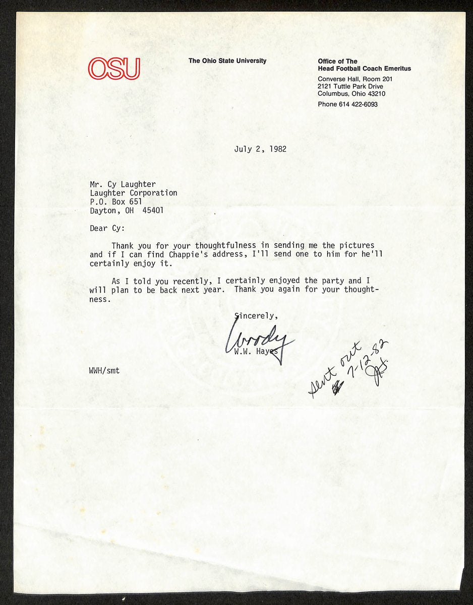 Woody Hayes Signed/Auto 9x11 1982 TLS Letter Ohio State Univ PSA/DNA 198790