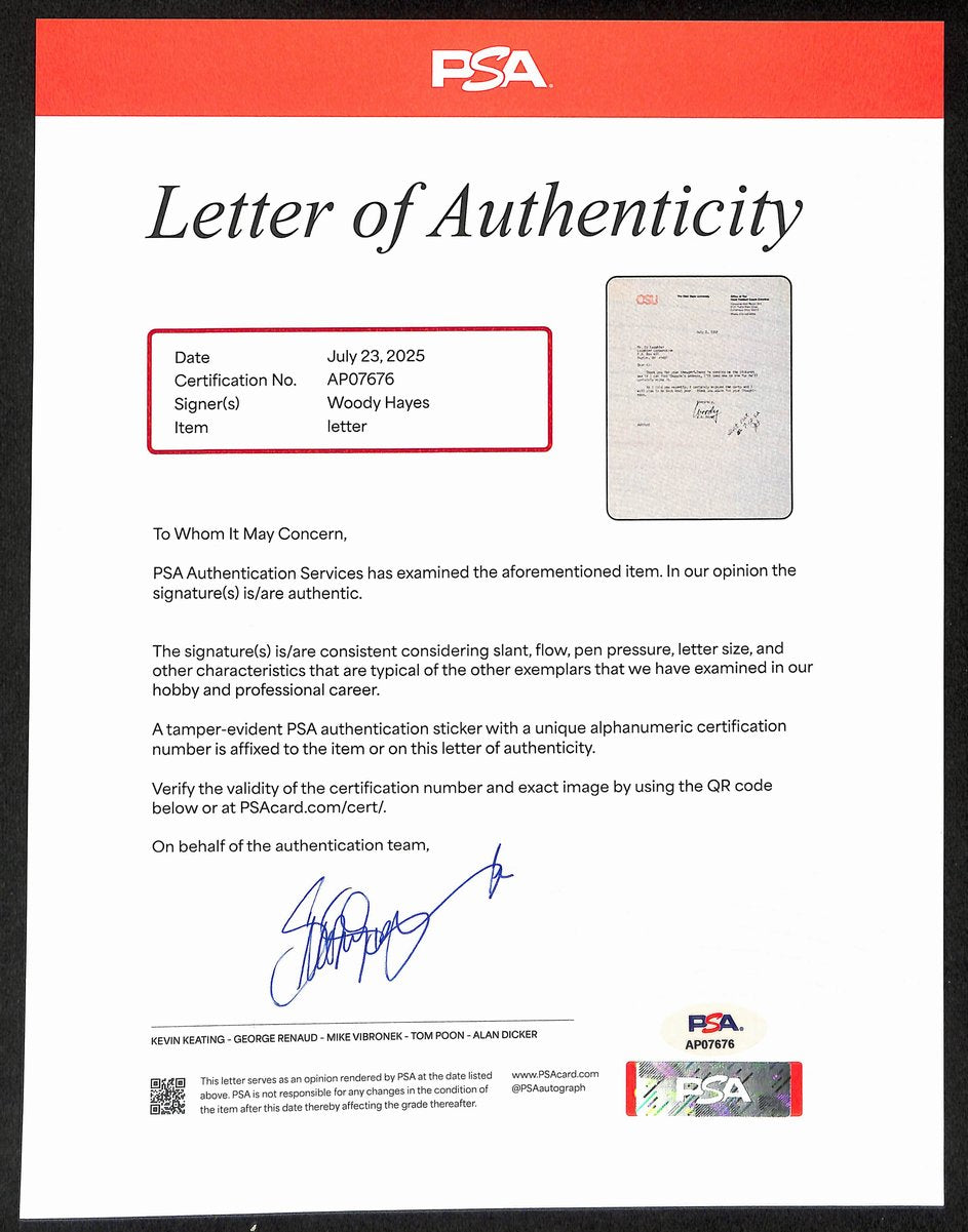 Woody Hayes Signed/Auto 9x11 1982 TLS Letter Ohio State Univ PSA/DNA 198790