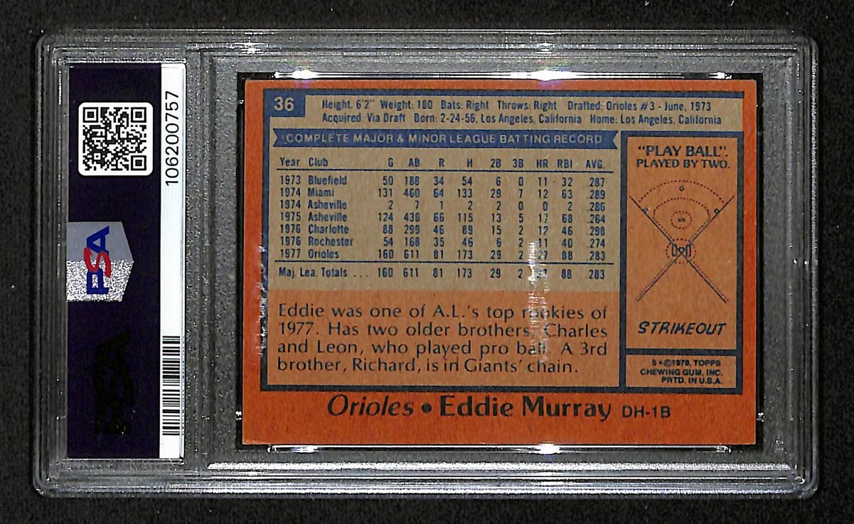 Eddie Murray HOF Signed/Auto On Card 1978 TOPPS RC Card #36 PSA/DNA Auto 10